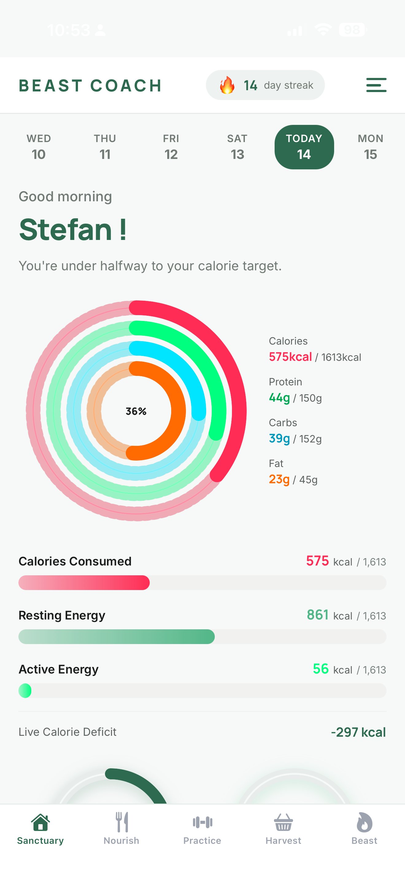 Beast Coach Sanctuary screen with nutrition rings